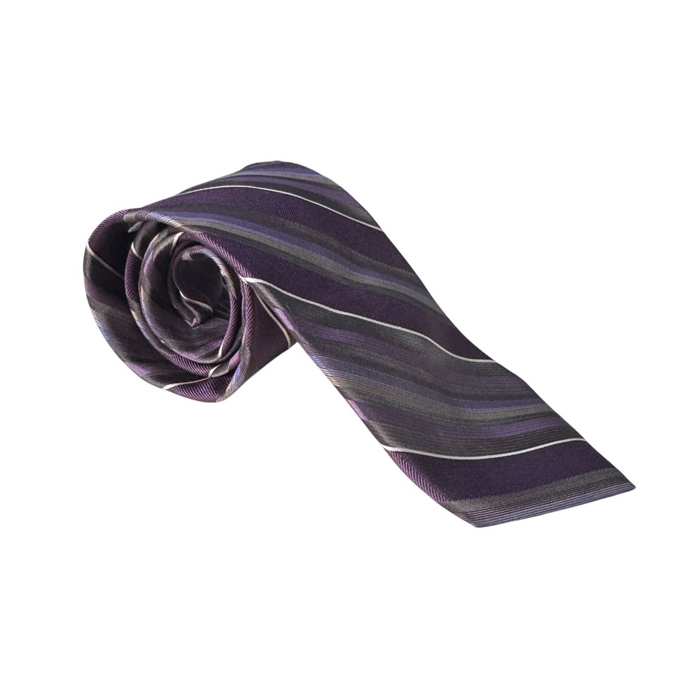 Calvin Klein Mens Silk Necktie Purple Grey Striped Made in USA Classic Tie